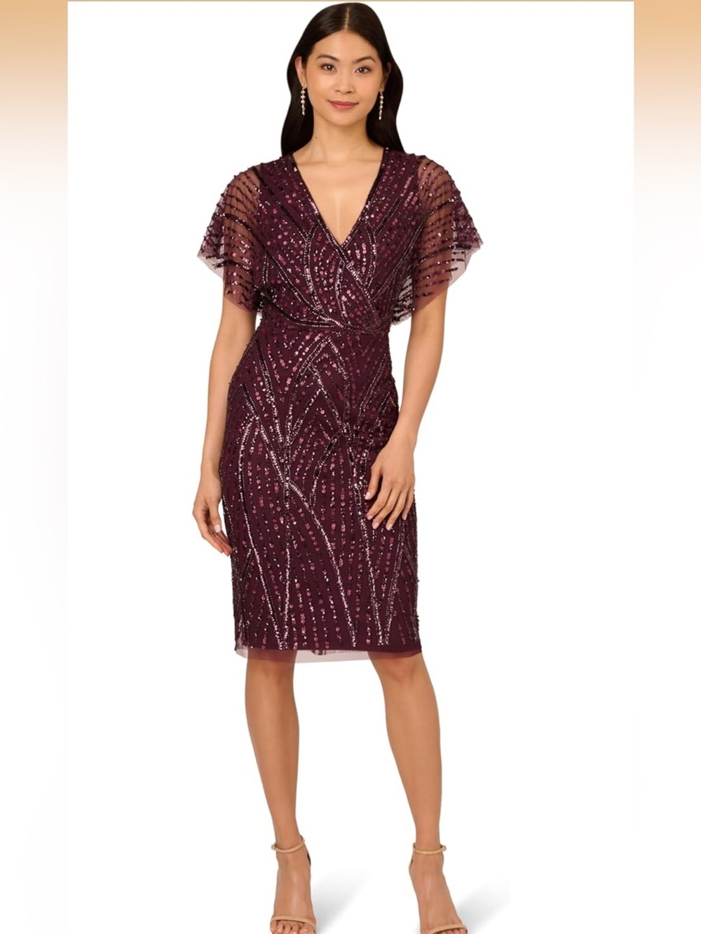 Adrianna Papell Plum Sequin Faux-Wrap Midi Dress